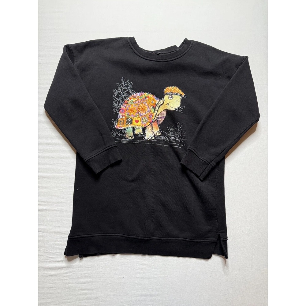 PETRICHOR FASHION Womens M‎ Black Turtle Embroidered Patchwork Granny Pullover